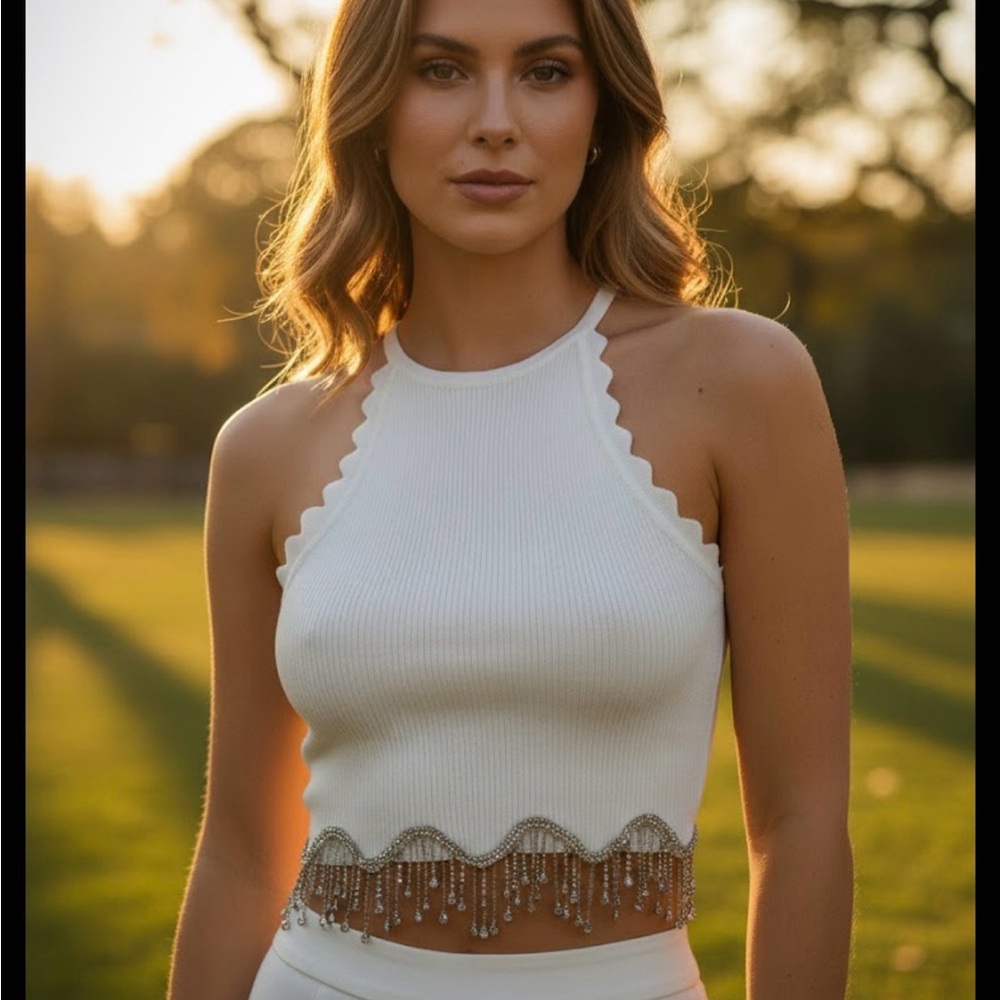 Barella Girl White Crop Top with Beaded Fringe